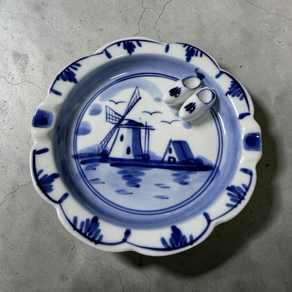 Vintage Delft Blue Holland Ashtray Trinket Dish Windmill 3D Dutch Clogs